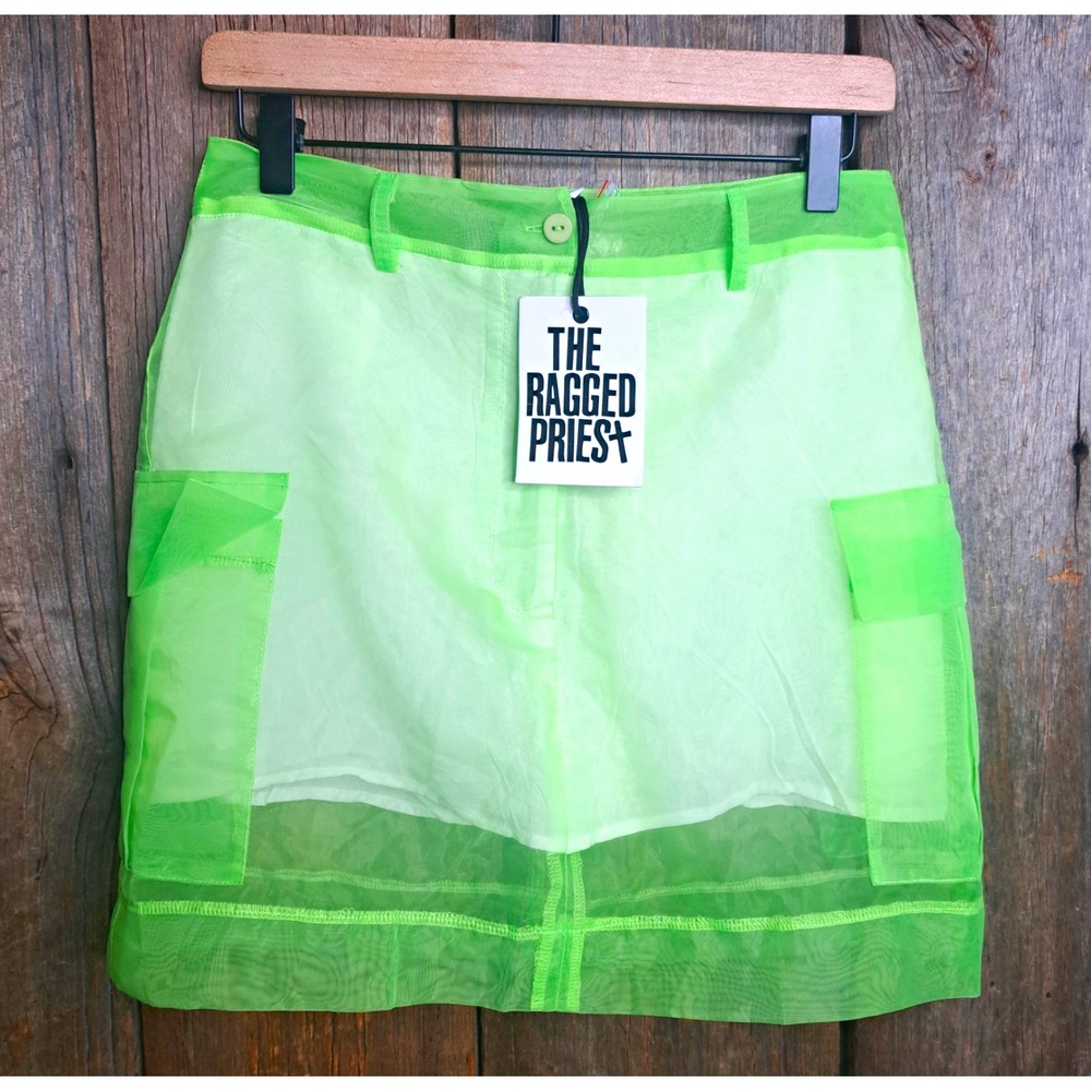 NWT Cyberpunk Rave The Ragged Priest Organza Mesh Neon Green Cargo Mini Skirt S
